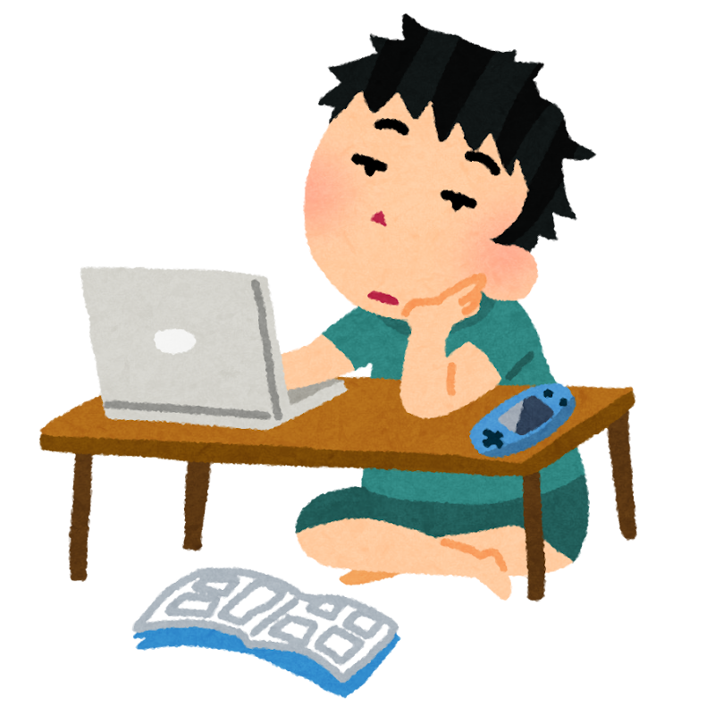 An illustration of a listless, unemployed man staring blankly at his computer in a messy room. Source: Irusatoya.